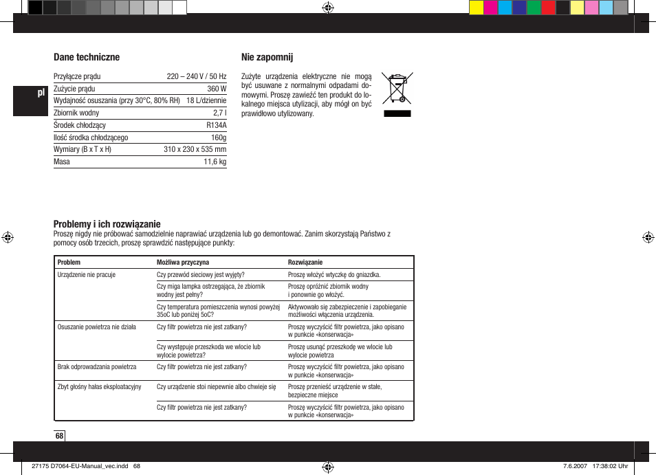 Nie zapomnij, Dane techniczne, Pl problemy i ich rozwiązanie | Boneco Air-O-Swiss Boneco D7064 User Manual | Page 68 / 112