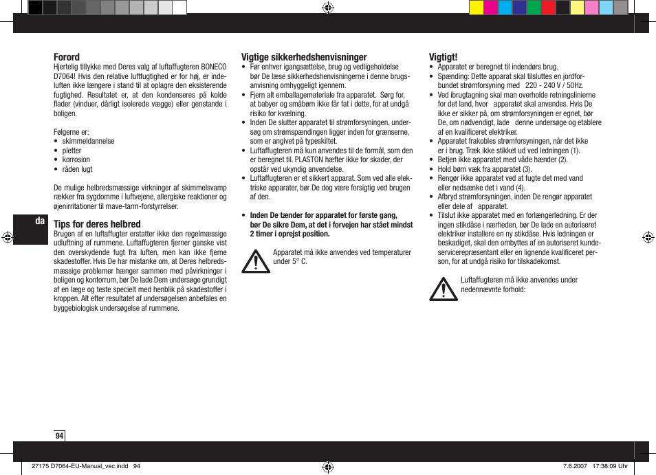 Boneco Air-O-Swiss Boneco D7064 User Manual | Page 94 / 112