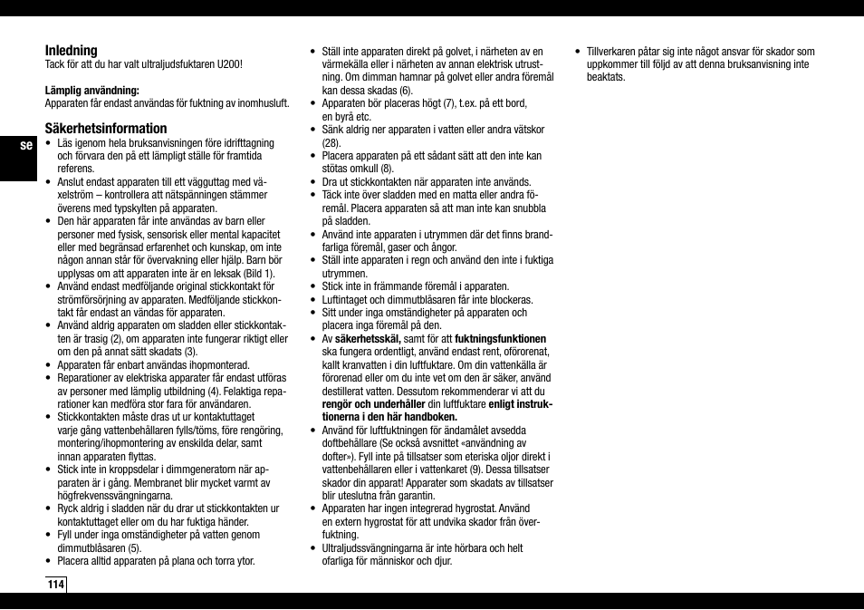 Inledning, Säkerhetsinformation | Boneco Air-O-Swiss AOS U200 User Manual | Page 114 / 172