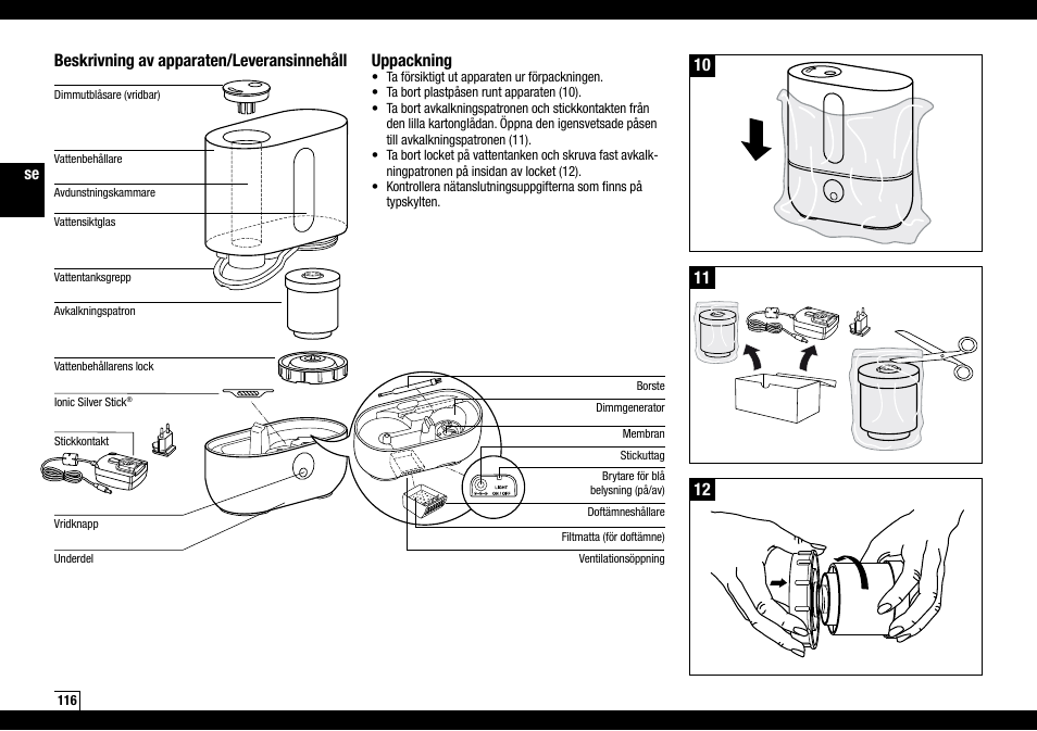 Beskrivning av apparaten/leveransinnehåll, Uppackning | Boneco Air-O-Swiss AOS U200 User Manual | Page 116 / 172