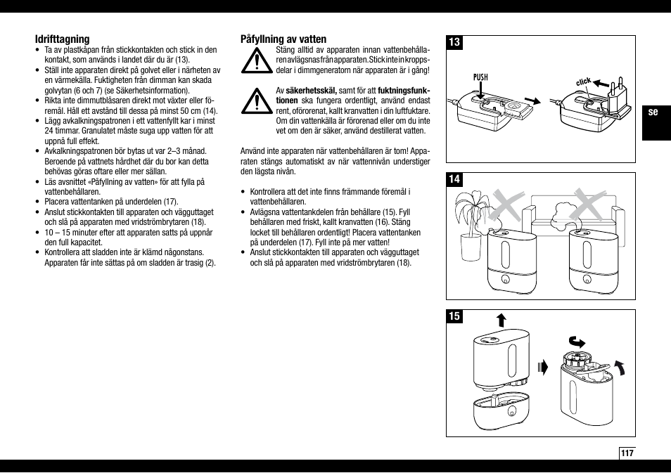 14 idrifttagning, 13 påfyllning av vatten | Boneco Air-O-Swiss AOS U200 User Manual | Page 117 / 172