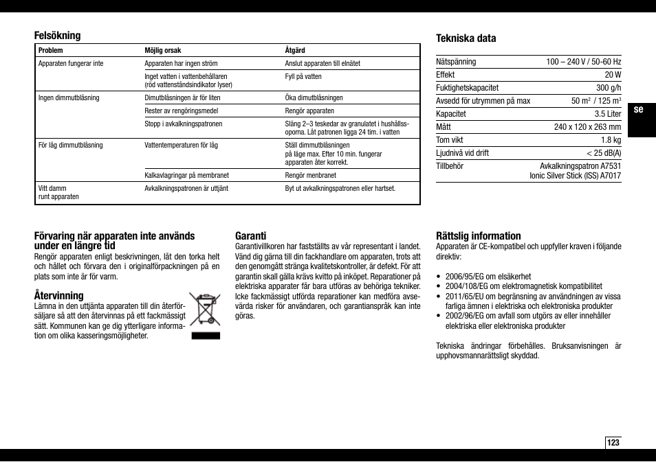 Återvinning, Garanti, Rättslig information | Felsökning tekniska data | Boneco Air-O-Swiss AOS U200 User Manual | Page 123 / 172
