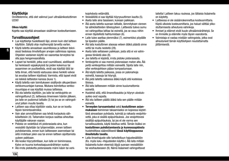 Käyttöohje, Turvallisuusohjeet | Boneco Air-O-Swiss AOS U200 User Manual | Page 126 / 172