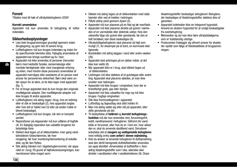 Forord, Sikkerhedsoplysninger | Boneco Air-O-Swiss AOS U200 User Manual | Page 138 / 172