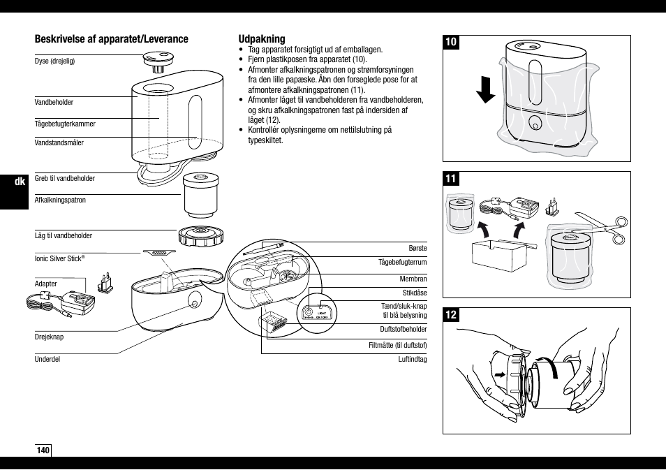 Beskrivelse af apparatet/leverance, Udpakning | Boneco Air-O-Swiss AOS U200 User Manual | Page 140 / 172