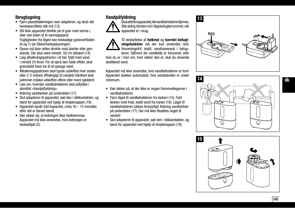 14 ibrugtagning, 13 vandpåfyldning | Boneco Air-O-Swiss AOS U200 User Manual | Page 141 / 172