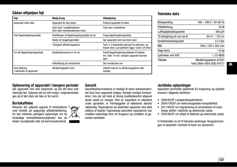 Opbevaring af apparatet i længere perioder, Bortskaffelse, Garanti | Juridiske oplysninger, Sådan afhjælpes fejl tekniske data | Boneco Air-O-Swiss AOS U200 User Manual | Page 147 / 172