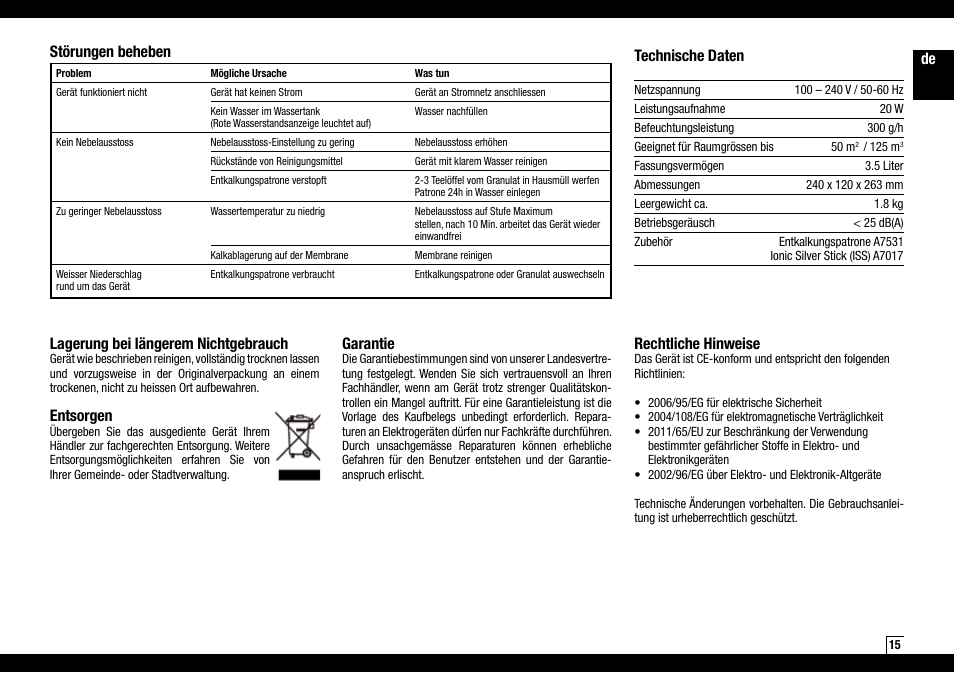 De lagerung bei längerem nichtgebrauch, Entsorgen, Garantie | Rechtliche hinweise, Störungen beheben technische daten | Boneco Air-O-Swiss AOS U200 User Manual | Page 15 / 172