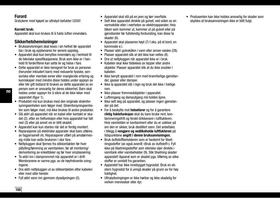 Forord, Sikkerhetshenvisninger | Boneco Air-O-Swiss AOS U200 User Manual | Page 150 / 172
