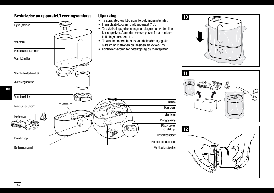Beskrivelse av apparatet/leveringsomfang, Utpakking | Boneco Air-O-Swiss AOS U200 User Manual | Page 152 / 172