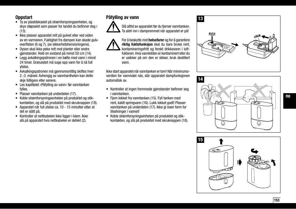 14 oppstart, 13 påfylling av vann | Boneco Air-O-Swiss AOS U200 User Manual | Page 153 / 172