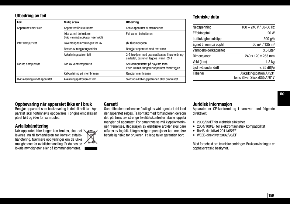 Oppbevaring når apparatet ikke er i bruk, Avfallshåndtering, Garanti | Juridisk informasjon, Utbedring av feil tekniske data | Boneco Air-O-Swiss AOS U200 User Manual | Page 159 / 172