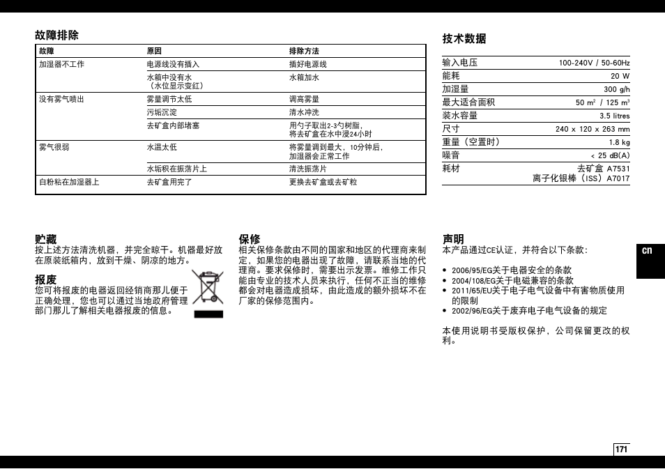 故障排除 技术数据 | Boneco Air-O-Swiss AOS U200 User Manual | Page 171 / 172