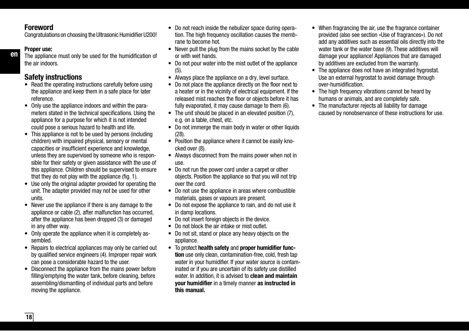 En foreword, Safety instructions | Boneco Air-O-Swiss AOS U200 User Manual | Page 18 / 172