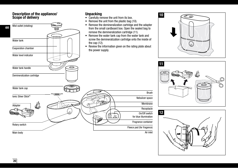 En description of the appliance/ scope of delivery, Unpacking | Boneco Air-O-Swiss AOS U200 User Manual | Page 20 / 172
