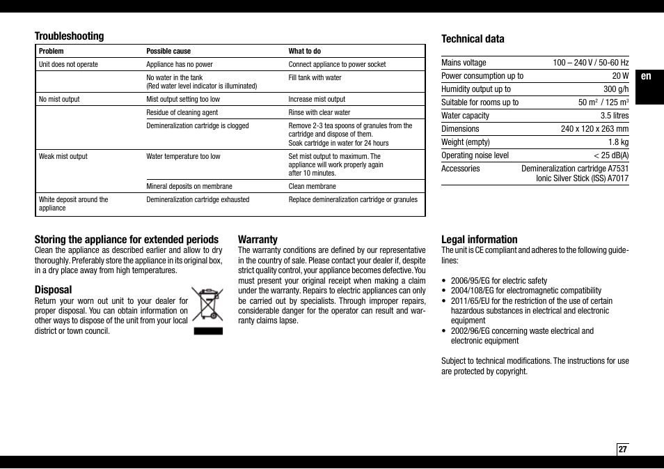 En storing the appliance for extended periods, Disposal, Warranty | Legal information, Troubleshooting technical data | Boneco Air-O-Swiss AOS U200 User Manual | Page 27 / 172