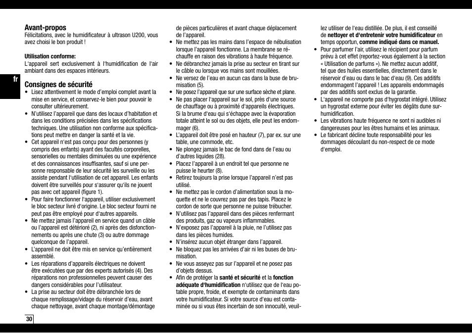Fr avant-propos, Consignes de sécurité | Boneco Air-O-Swiss AOS U200 User Manual | Page 30 / 172