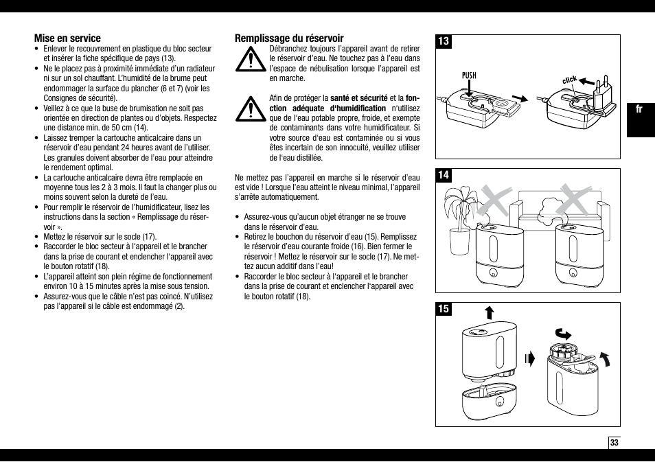 Fr 14 mise en service, 13 remplissage du réservoir | Boneco Air-O-Swiss AOS U200 User Manual | Page 33 / 172