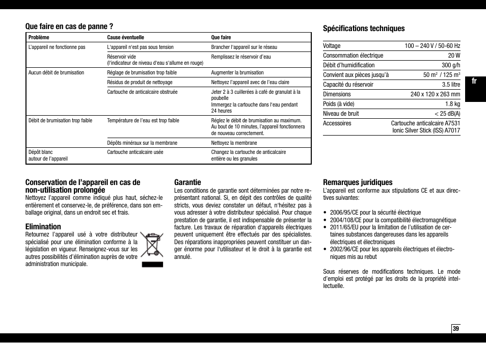 Elimination, Garantie, Remarques juridiques | Boneco Air-O-Swiss AOS U200 User Manual | Page 39 / 172