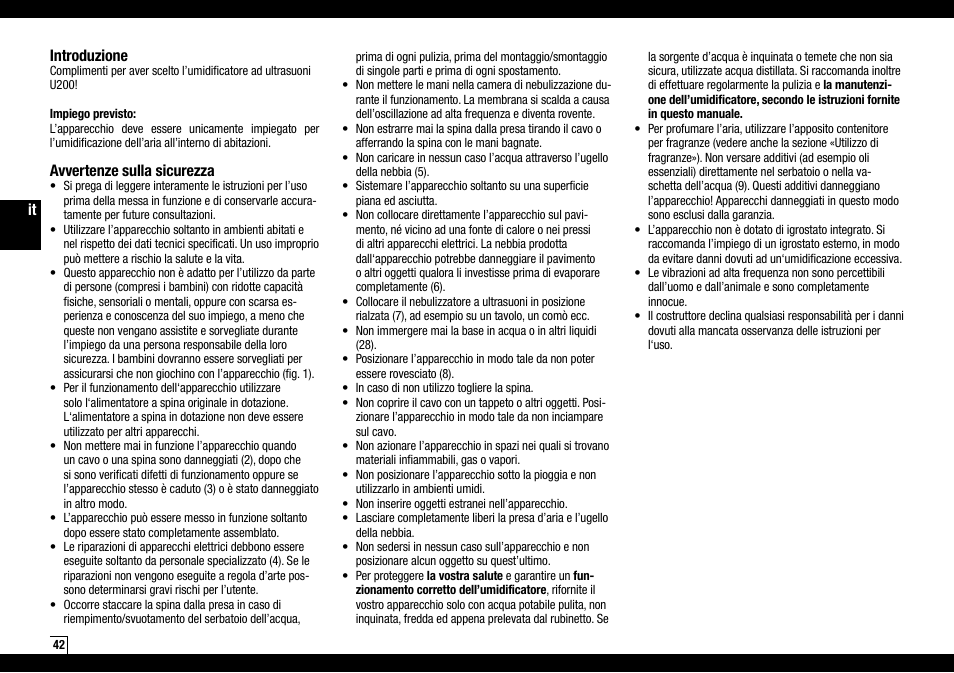 It introduzione, Avvertenze sulla sicurezza | Boneco Air-O-Swiss AOS U200 User Manual | Page 42 / 172