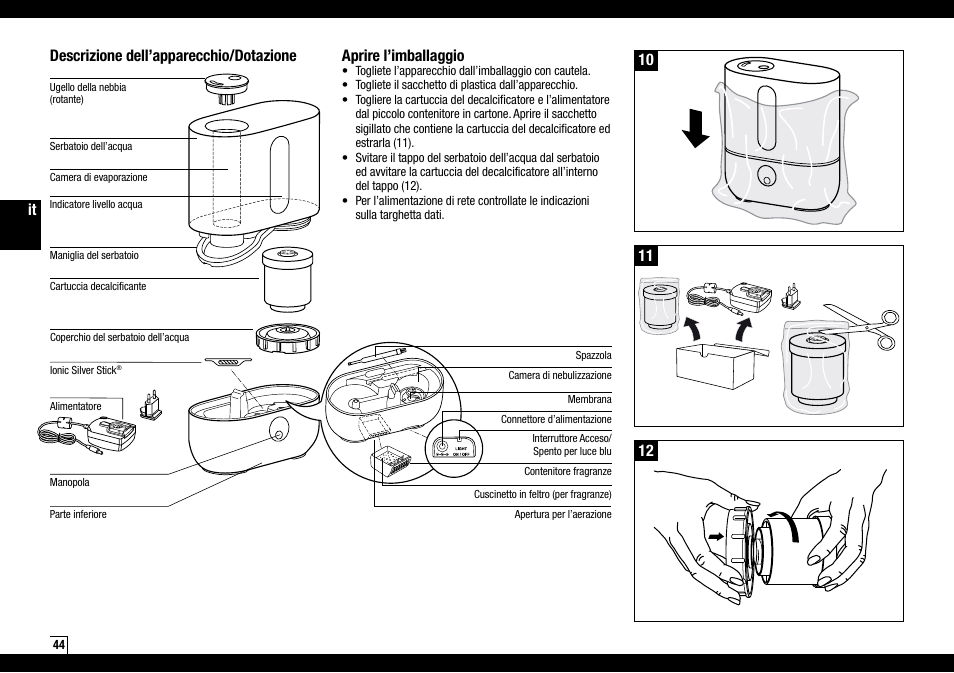 It descrizione dell’apparecchio/dotazione, Aprire l’imballaggio | Boneco Air-O-Swiss AOS U200 User Manual | Page 44 / 172