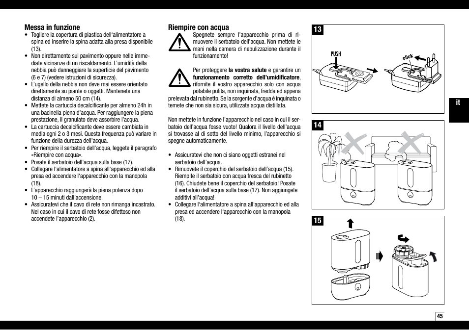 It 14 messa in funzione, 13 riempire con acqua | Boneco Air-O-Swiss AOS U200 User Manual | Page 45 / 172