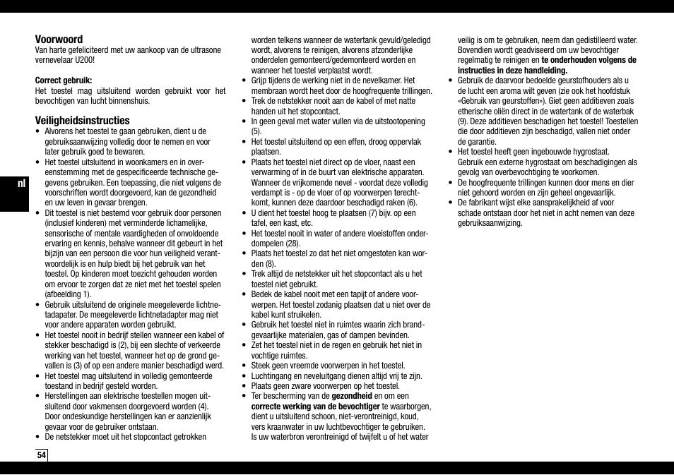 Nl voorwoord, Veiligheidsinstructies | Boneco Air-O-Swiss AOS U200 User Manual | Page 54 / 172