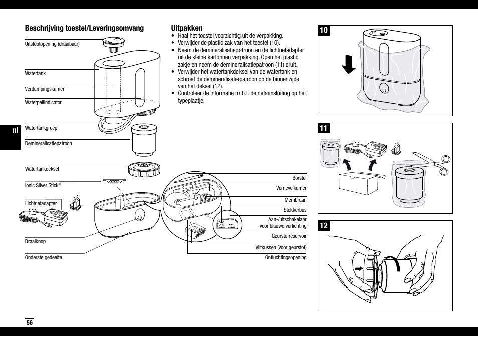 Nl beschrijving toestel/leveringsomvang, Uitpakken | Boneco Air-O-Swiss AOS U200 User Manual | Page 56 / 172