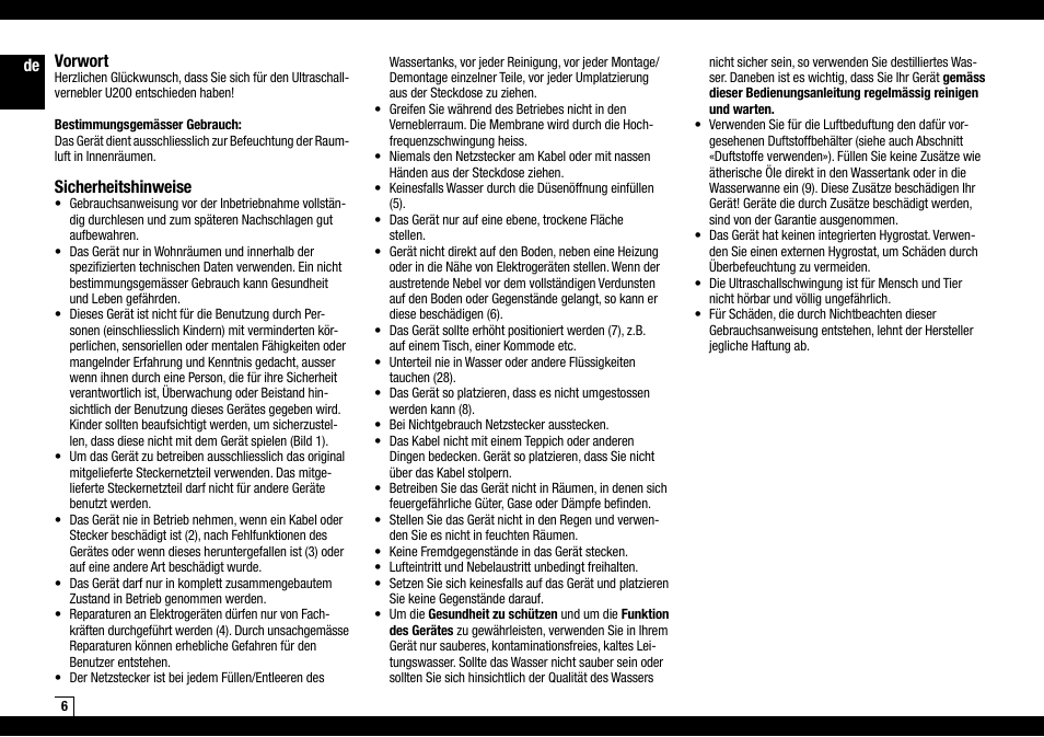 De vorwort, Sicherheitshinweise | Boneco Air-O-Swiss AOS U200 User Manual | Page 6 / 172