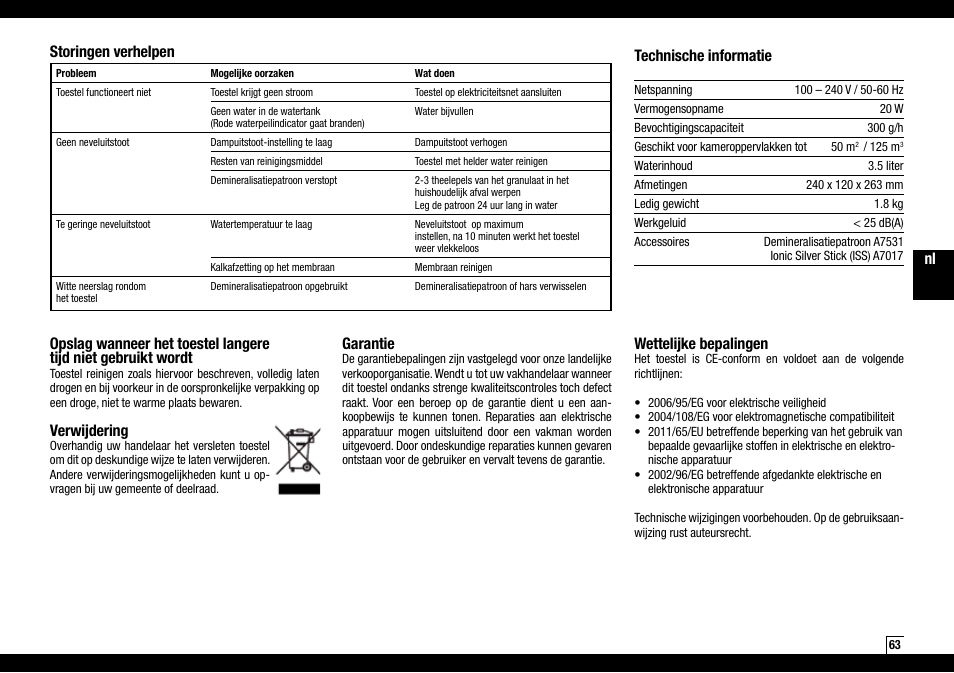 Verwijdering, Garantie, Wettelijke bepalingen | Storingen verhelpen technische informatie | Boneco Air-O-Swiss AOS U200 User Manual | Page 63 / 172