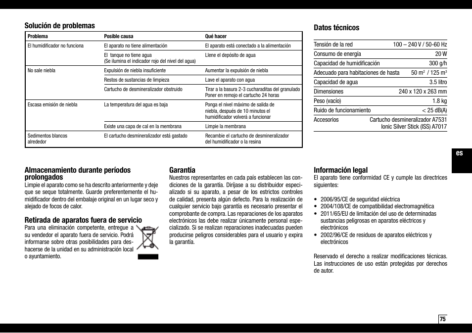 Es almacenamiento durante períodos prolongados, Retirada de aparatos fuera de servicio, Garantía | Información legal, Solución de problemas datos técnicos | Boneco Air-O-Swiss AOS U200 User Manual | Page 75 / 172