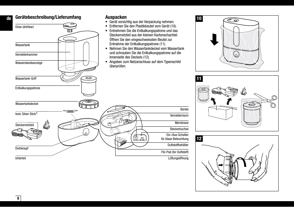 De gerätebeschreibung/lieferumfang, Auspacken | Boneco Air-O-Swiss AOS U200 User Manual | Page 8 / 172