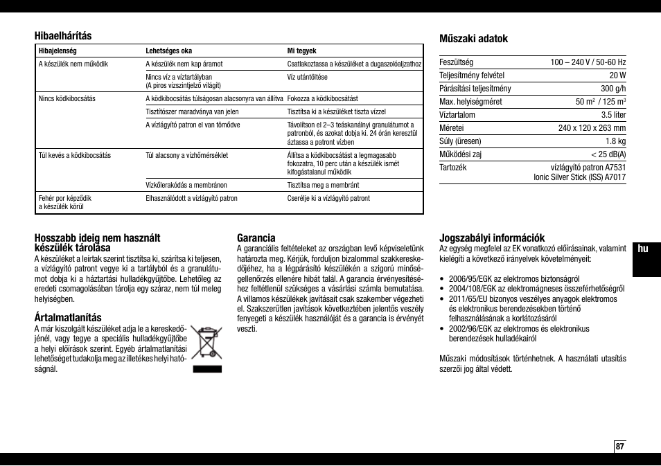 Hu hosszabb ideig nem használt készülék tárolása, Ártalmatlanítás, Garancia | Jogszabályi információk, Hibaelhárítás műszaki adatok | Boneco Air-O-Swiss AOS U200 User Manual | Page 87 / 172