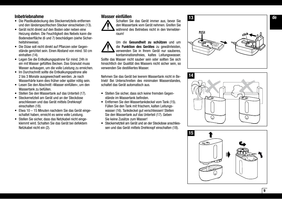 De 14 inbetriebnahme, 13 wasser einfüllen | Boneco Air-O-Swiss AOS U200 User Manual | Page 9 / 172