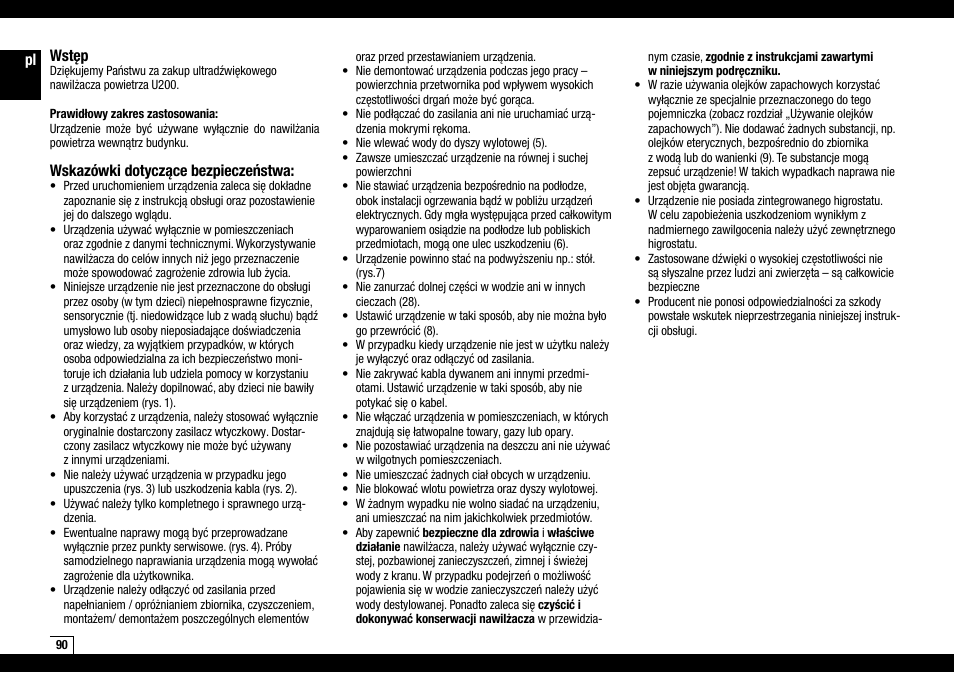 Wstęp, Wskazówki dotyczące bezpieczeństwa | Boneco Air-O-Swiss AOS U200 User Manual | Page 90 / 172