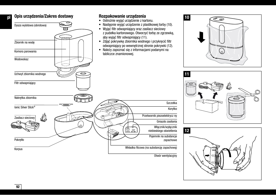 Opis urządzenia/zakres dostawy, Rozpakowanie urządzenia | Boneco Air-O-Swiss AOS U200 User Manual | Page 92 / 172