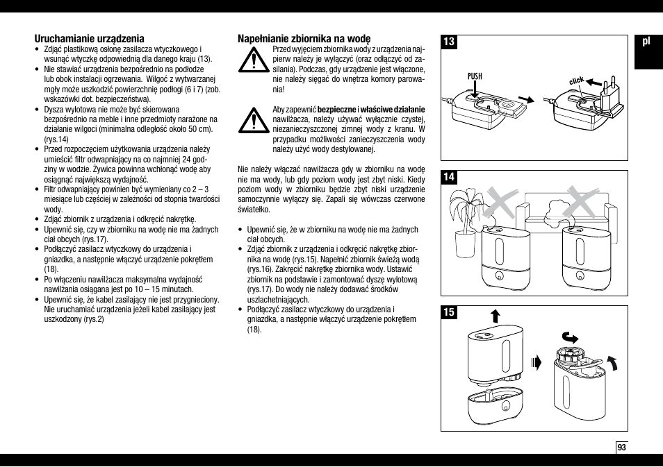 Pl 14 uruchamianie urządzenia, 13 napełnianie zbiornika na wodę | Boneco Air-O-Swiss AOS U200 User Manual | Page 93 / 172
