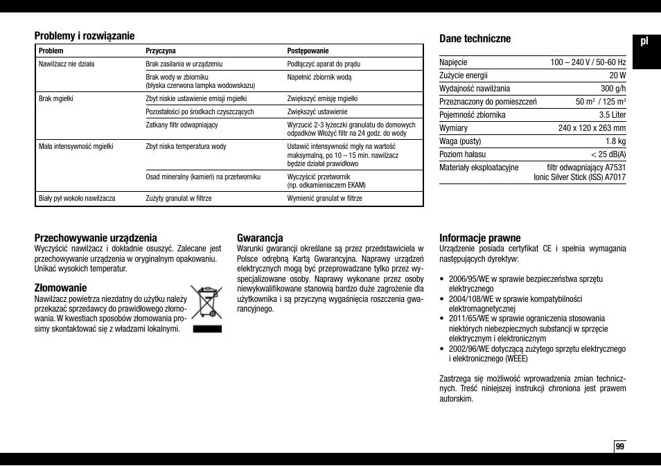 Pl przechowywanie urządzenia, Złomowanie, Gwarancja | Informacje prawne, Problemy i rozwiązanie dane techniczne | Boneco Air-O-Swiss AOS U200 User Manual | Page 99 / 172