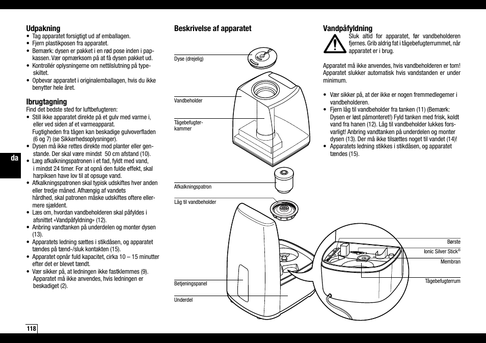 Udpakning, Ibrugtagning, Beskrivelse af apparatet | Vandpåfyldning | Boneco Air-O-Swiss Boneco U7144 User Manual | Page 118 / 136