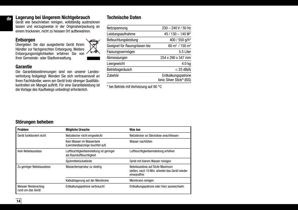 De lagerung bei längerem nichtgebrauch, Entsorgen, Garantie | Technische daten, Störungen beheben | Boneco Air-O-Swiss Boneco U7144 User Manual | Page 14 / 136