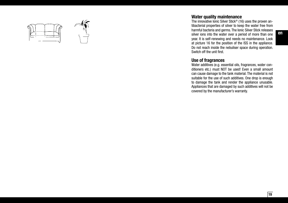 En water quality maintenance, Use of fragrances | Boneco Air-O-Swiss Boneco U7144 User Manual | Page 19 / 136