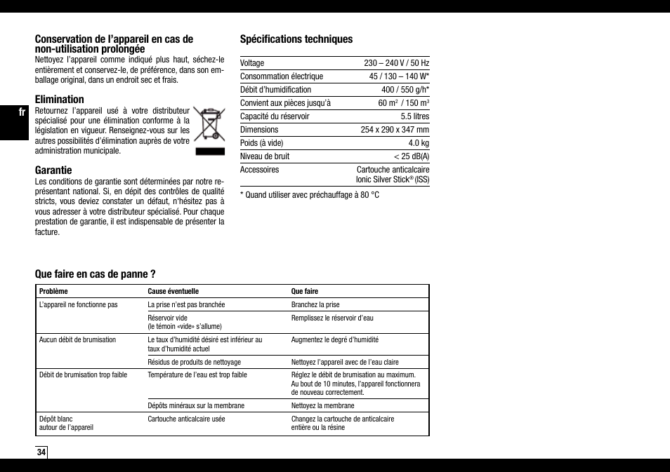 Elimination, Garantie, Spécifications techniques | Que faire en cas de panne | Boneco Air-O-Swiss Boneco U7144 User Manual | Page 34 / 136