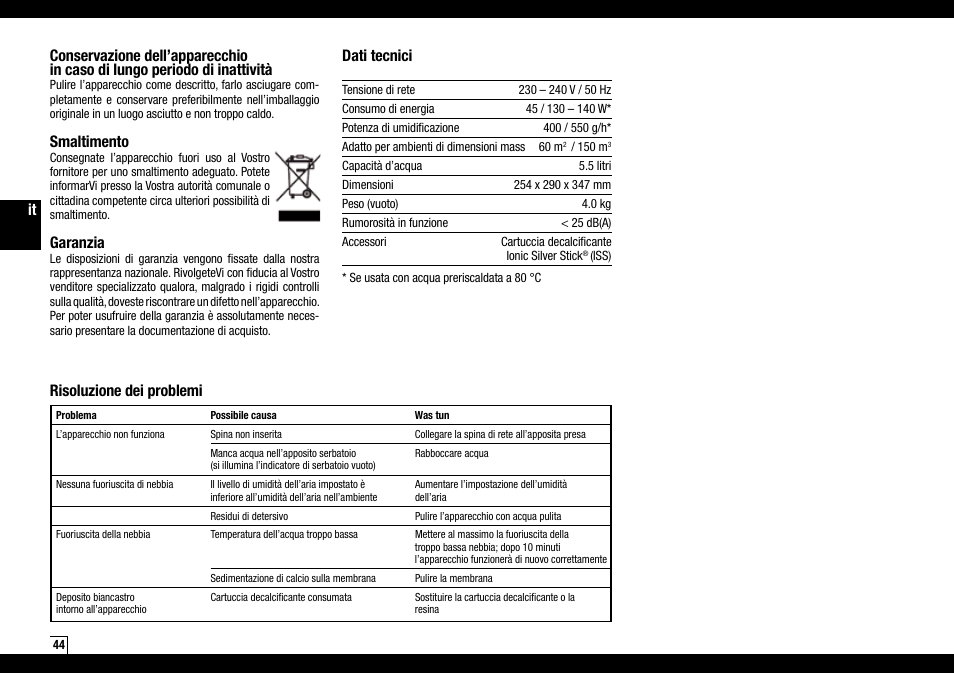 Smaltimento, Garanzia, Dati tecnici | Risoluzione dei problemi | Boneco Air-O-Swiss Boneco U7144 User Manual | Page 44 / 136
