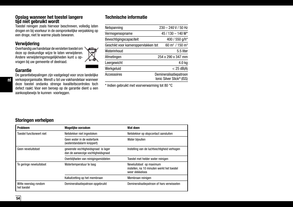 Verwijdering, Garantie, Technische informatie | Storingen verhelpen | Boneco Air-O-Swiss Boneco U7144 User Manual | Page 54 / 136