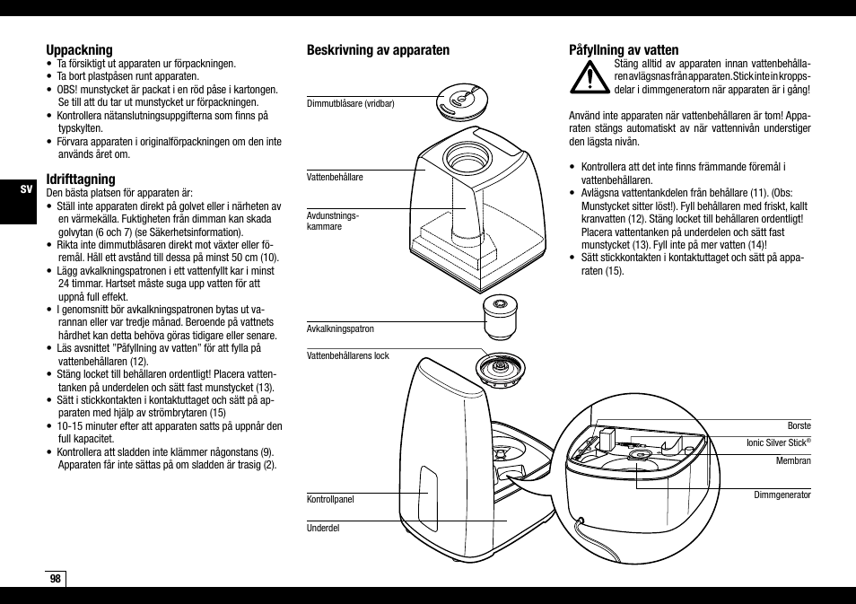 Uppackning, Idrifttagning, Beskrivning av apparaten | Påfyllning av vatten | Boneco Air-O-Swiss Boneco U7144 User Manual | Page 98 / 136