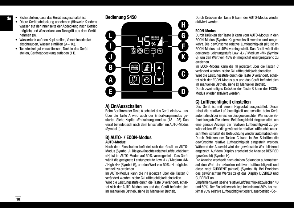 Ij k l, C) luftfeuchtigkeit einstellen, A) ein/ausschalten | B) auto- / econ-modus, Bedienung s450 | Boneco Air-O-Swiss AOS S450 User Manual | Page 10 / 96