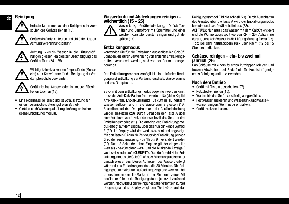 Entkalkungsmodus, Gehäuse reinigen – ein- bis zweimal jährlich (26), Nach dem betrieb | Reinigung | Boneco Air-O-Swiss AOS S450 User Manual | Page 12 / 96