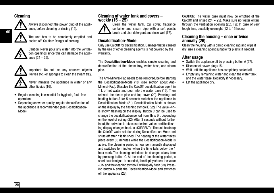 Decalcification-mode, Cleaning the housing – once or twice annually (26), After usage | Cleaning | Boneco Air-O-Swiss AOS S450 User Manual | Page 20 / 96