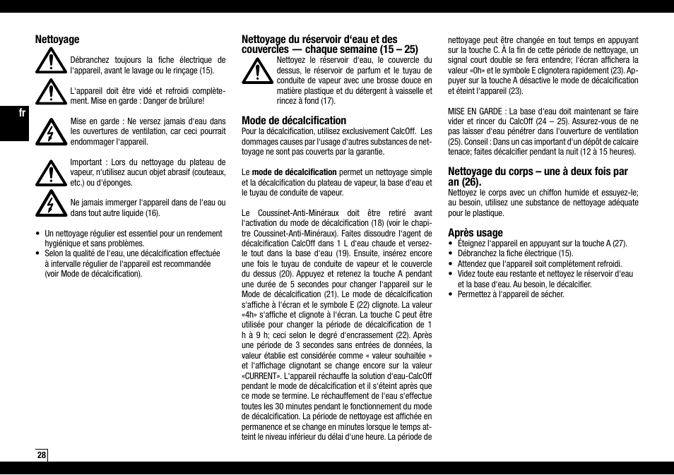 Mode de décalcification, Nettoyage du corps – une à deux fois par an (26), Après usage | Nettoyage | Boneco Air-O-Swiss AOS S450 User Manual | Page 28 / 96