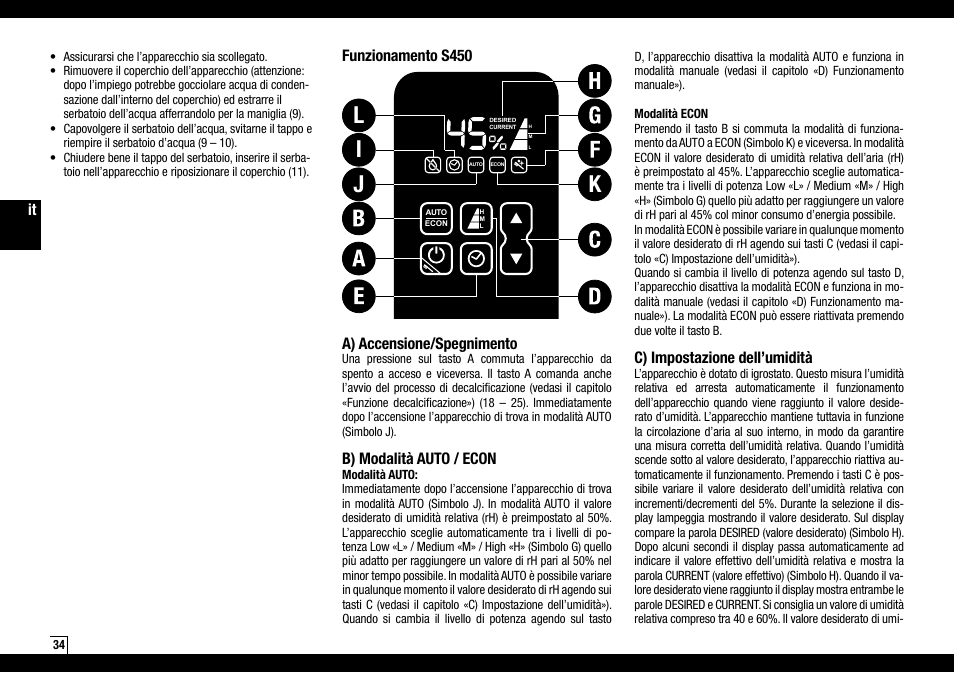 Ij k l, C) impostazione dell’umidità, A) accensione/spegnimento | B) modalità auto / econ, Funzionamento s450 | Boneco Air-O-Swiss AOS S450 User Manual | Page 34 / 96